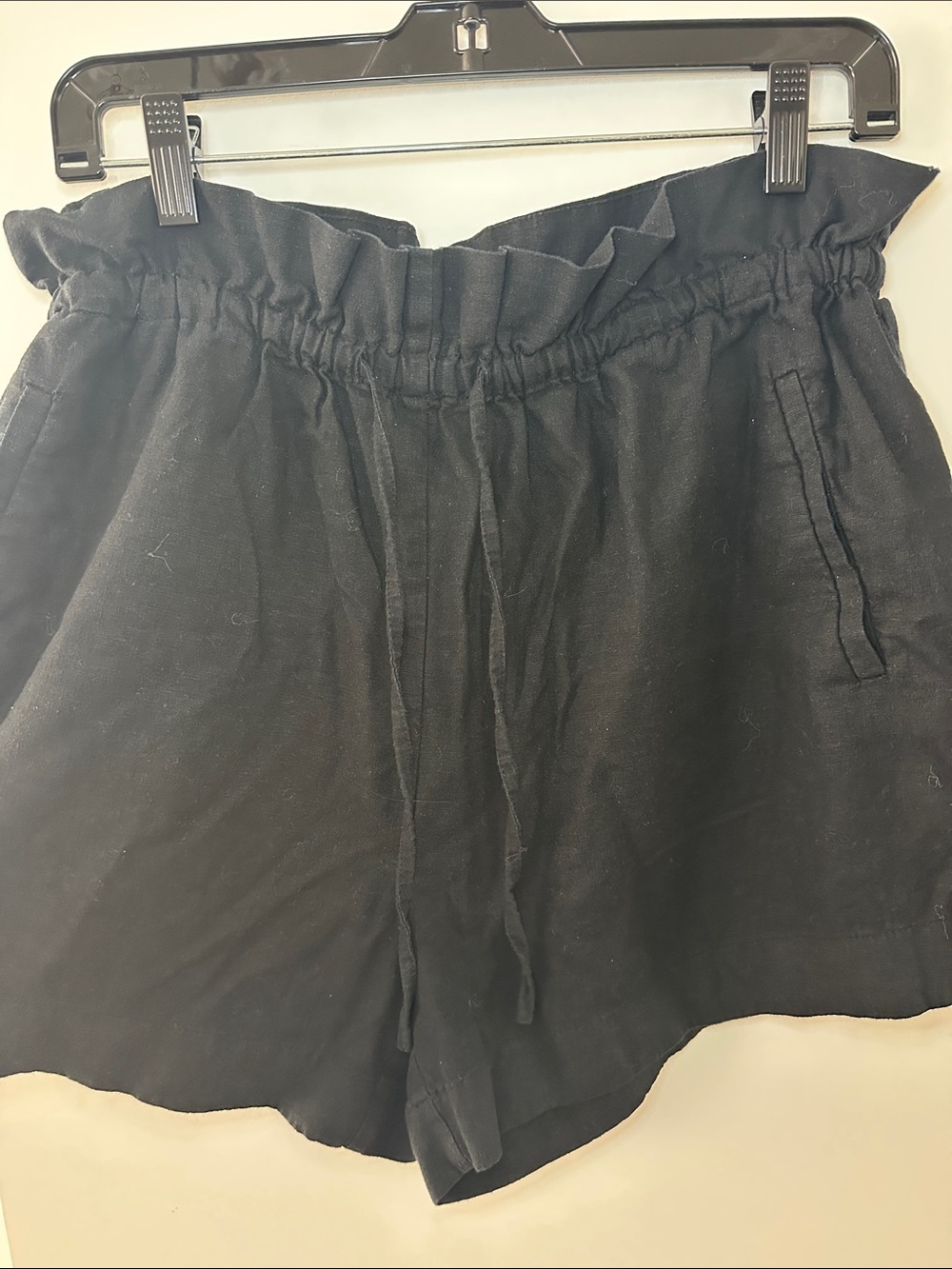High-Waist Black Paperbag Linen Blend Shorts